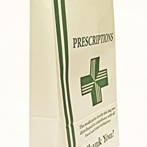 Green Health Cross, Lunch Style Bags #2 Flat Bottom Dispensary Prescription Bag 4x2.5x8.5 Inches, Paper Pharmacy Bag, Medication Packaging for Drug Stores - with Compliance Statement (100)