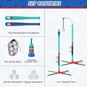3-in-1 Baseball Set Kids Sports Toy Hanging Batting Tee + Stand Set for Toddlers & Youth Adjustable Height with Auto Ball Launcher 6 balls 2 Bats Outdoor&Indoor Toys Birthday Gifts for 3-12 years old