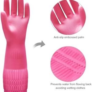 Bamllum 3 Pairs of Rubber Dishwashing Gloves for Kitchen and Household Cleaning – Long Cuff 15", Reusable, Flexible Long-lasting and Non-Slip (Red+Yellow+Green, X-Large)