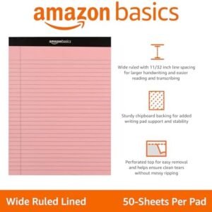 Amazon Basics Wide Ruled 8.5 x 11.75-Inch 50 Sheet Perforated Lined Writing Note Pads, Pack of 6, 300 Count, Multicolor