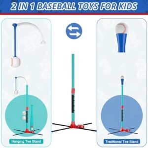 3-in-1 Baseball Set Kids Sports Toy Hanging Batting Tee + Stand Set for Toddlers & Youth Adjustable Height with Auto Ball Launcher 6 balls 2 Bats Outdoor&Indoor Toys Birthday Gifts for 3-12 years old