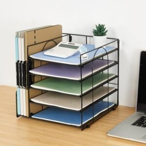 LEKETREE Desk Organizers and Accessories, 5-Tier Paper Letter Tray Organizer with File Holder, Desktop Organizer for Office Supplies, Office Desk Accessories & Workspace (Black)  Office Products