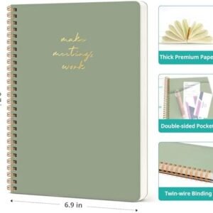 Taja Meeting Notebook for Work Organization - Work notebook with action items, Meeting Minutes Planner Notebook, Perfect Office Supplies for Men & Women - Green