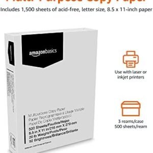 Amazon Basics Multipurpose Copy Printer Paper, 8.5" x 11", 20 lb, 3 Reams, 1500 Sheets, 92 Bright, White  Office Products