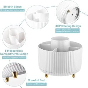 Pencil Holder For Desk,5 Slots 360°Degree Rotating Desk Organizers And Accessories,Desktop Storage Stationery Supplies Organizer, Cute Pencil Cup Pot For Office, School, Home (B-White)