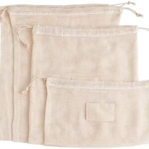 HIC Kitchen Reusable Produce Bags with Drawstring Closure, Unbleached Organic Cotton Mesh, Set of 4 plus Storage Bag