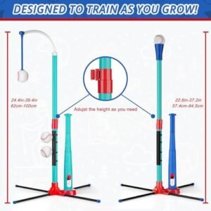 3-in-1 Baseball Set Kids Sports Toy Hanging Batting Tee + Stand Set for Toddlers & Youth Adjustable Height with Auto Ball Launcher 6 balls 2 Bats Outdoor&Indoor Toys Birthday Gifts for 3-12 years old