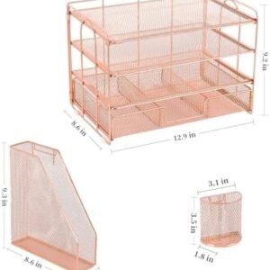 gianotter Paper Letter Tray Organizer with File Holder, 4-Tier Desk Accessories & Workspace Desk Organizers with Drawer and 2 Pen Holder for Office Supplies (Rose Gold)