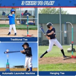 3-in-1 Baseball Set Kids Sports Toy Hanging Batting Tee + Stand Set for Toddlers & Youth Adjustable Height with Auto Ball Launcher 6 balls 2 Bats Outdoor&Indoor Toys Birthday Gifts for 3-12 years old