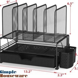 Simple Houseware Mesh Desk Organizer with Sliding Drawer, Double Tray and 5 Upright Sections, Black