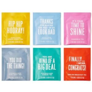 Thoughtfully Gourmet, Congratulations Tea Gift Set, Tea Sampler Includes 6 Flavors of Tea with Congratulatory Quotes, Set of 90