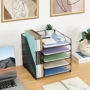 LEKETREE Desk Organizers and Accessories, 5-Tier Paper Letter Tray Organizer with File Holder, Desktop Organizer for Office Supplies, Office Desk Accessories & Workspace (Black)  Office Products