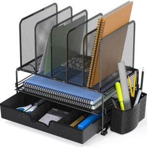 Simple Houseware Mesh Desk Organizer with Sliding Drawer, Double Tray and 5 Upright Sections, Black
