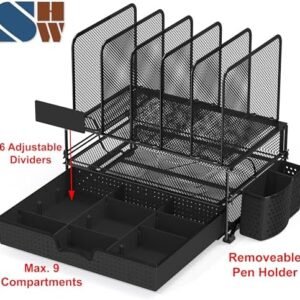 Simple Houseware Mesh Desk Organizer with Sliding Drawer, Double Tray and 5 Upright Sections, Black