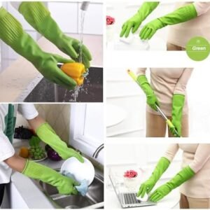 Bamllum 3 Pairs of Rubber Dishwashing Gloves for Kitchen and Household Cleaning – Long Cuff 15", Reusable, Flexible Long-lasting and Non-Slip (Red+Yellow+Green, X-Large)