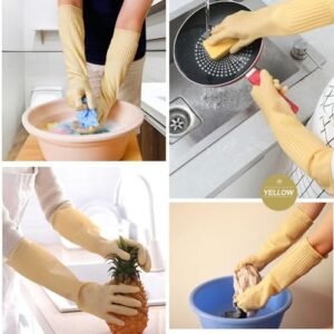 Bamllum 3 Pairs of Rubber Dishwashing Gloves for Kitchen and Household Cleaning – Long Cuff 15", Reusable, Flexible Long-lasting and Non-Slip (Red+Yellow+Green, X-Large)