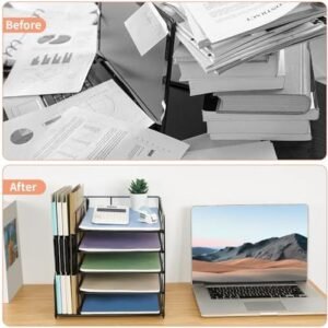 LEKETREE Desk Organizers and Accessories, 5-Tier Paper Letter Tray Organizer with File Holder, Desktop Organizer for Office Supplies, Office Desk Accessories & Workspace (Black)  Office Products