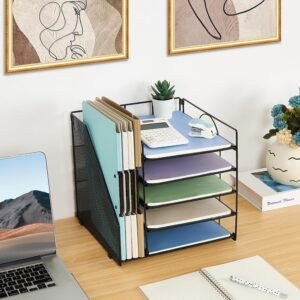 LEKETREE Desk Organizers and Accessories, 5-Tier Paper Letter Tray Organizer with File Holder, Desktop Organizer for Office Supplies, Office Desk Accessories & Workspace (Black)  Office Products
