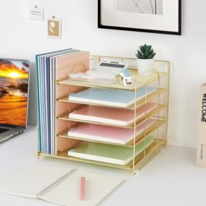 LEKETREE Desk Organizers and Accessories, 5-Tier Paper Letter Tray Organizer with File Holder, Desktop Organizer for Office Supplies, Office Desk Accessories & Workspace (Black)  Office Products