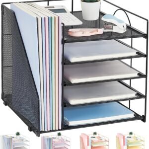 LEKETREE Desk Organizers and Accessories, 5-Tier Paper Letter Tray Organizer with File Holder, Desktop Organizer for Office Supplies, Office Desk Accessories & Workspace (Black)  Office Products