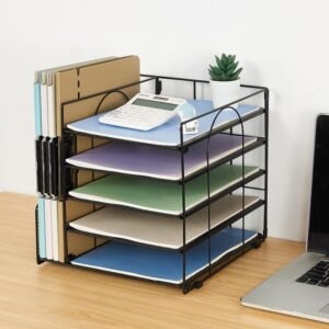 LEKETREE Desk Organizers and Accessories, 5-Tier Paper Letter Tray Organizer with File Holder, Desktop Organizer for Office Supplies, Office Desk Accessories & Workspace (Black)  Office Products