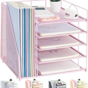 LEKETREE Desk Organizers and Accessories, 5-Tier Paper Letter Tray Organizer with File Holder, Desktop Organizer for Office Supplies, Office Desk Accessories & Workspace (Black)  Office Products